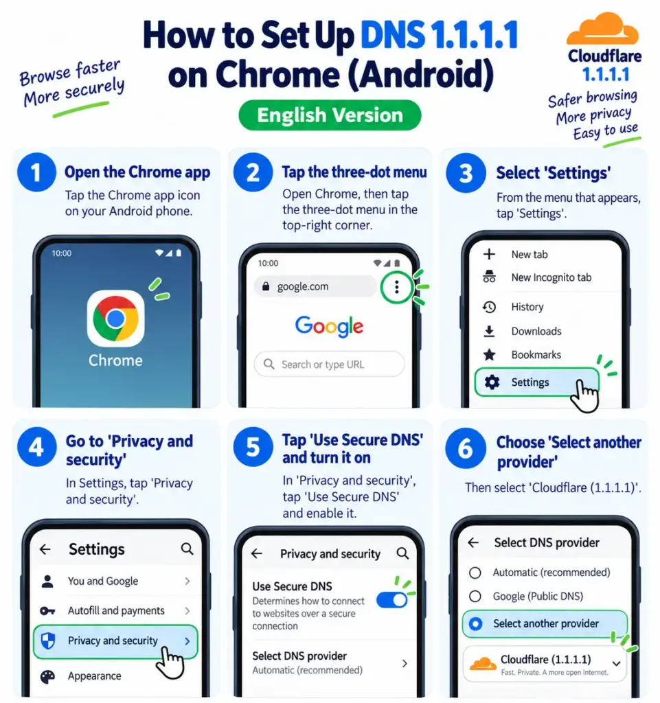 Steps to set Secure DNS to Cloudflare in Chrome on Android, English